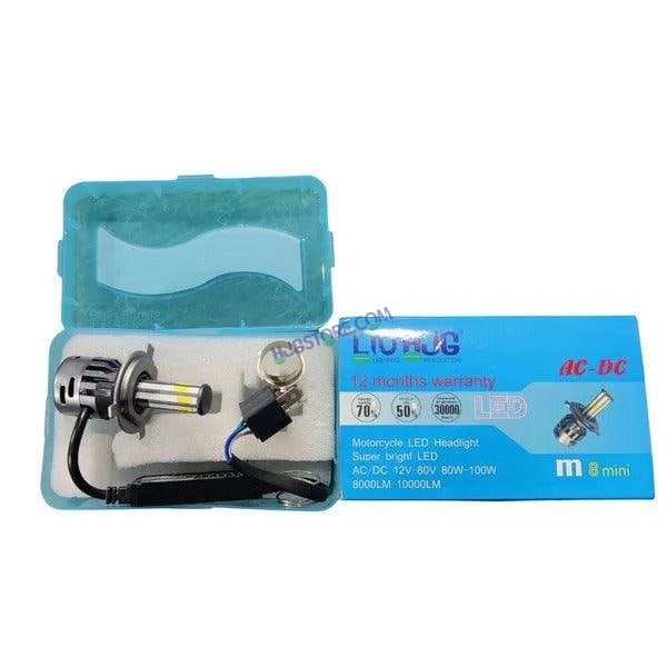 HJG M8 ORIGINAL 100W LED Headlight Bulb H4 For All Motorcycles (Low and High Beam Bulbs (White) AC/DC 100Watt 8 Side Chip) - Type H4