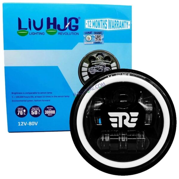 HJG 7 Inch RE Logo White LED Headlight New Model RE Logo Headlight Assembly for Royal Enfield | 75-90W CREE/Osram LED Chip Multi color Compatible with Royal Enfield, Jeep, Thar, Gypsy