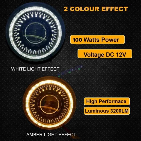 Second image of HJG 7 Inch White LED Headlight Chakra V1 Headlight Assembly for Thar Royal Enfield | 75-120W CREE/Osram LED Chip Multi color Compatible with Royal Enfield, Jeep, Thar, Gypsy