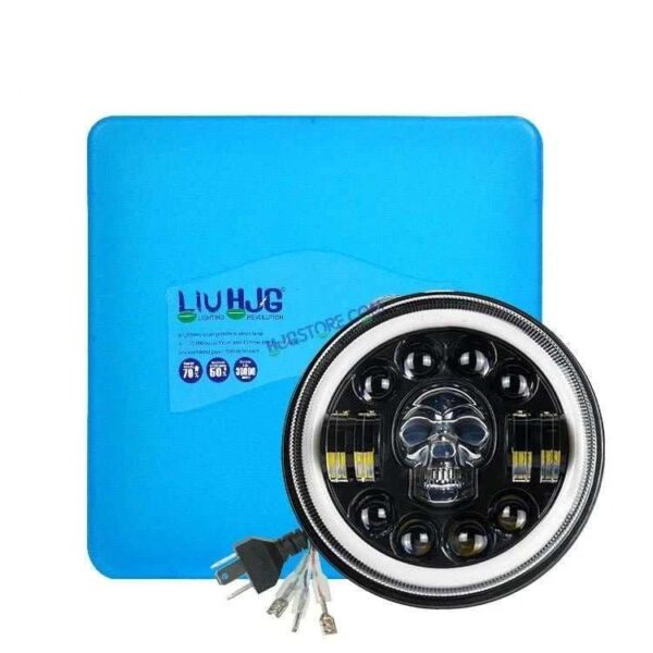 HJG 7 Inch Led Headlight Halo Lights Dual Color Yellow White 30w 7 Inch Round Motorcycle Lights For Jeeps Universal Car Compatible with Royal Enfield, Jeep & Harley Davidson (Harley Boss Headlight) Skull