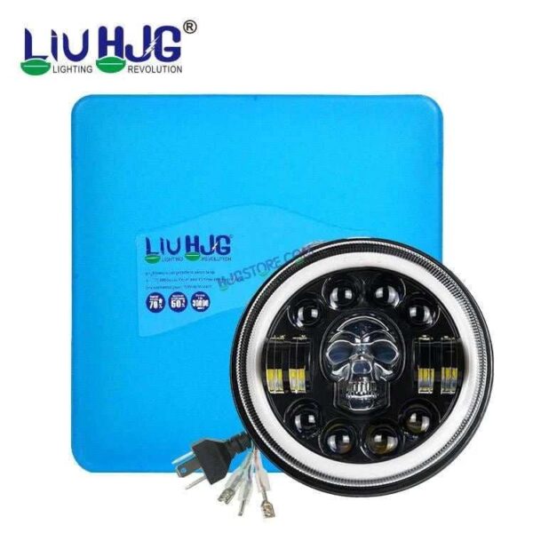 Second image of HJG 7 Inch Led Headlight Halo Lights Dual Color Yellow White 30w 7 Inch Round Motorcycle Lights For Jeeps Universal Car Compatible with Royal Enfield, Jeep & Harley Davidson (Harley Boss Headlight) Skull