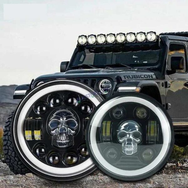 HJG 7 Inch Led Headlight Halo Lights Dual Color Yellow White 30w 7 Inch Round Motorcycle Lights For Jeeps Universal Car Compatible with Royal Enfield, Jeep & Harley Davidson (Harley Boss Headlight) Skull 2 HJG