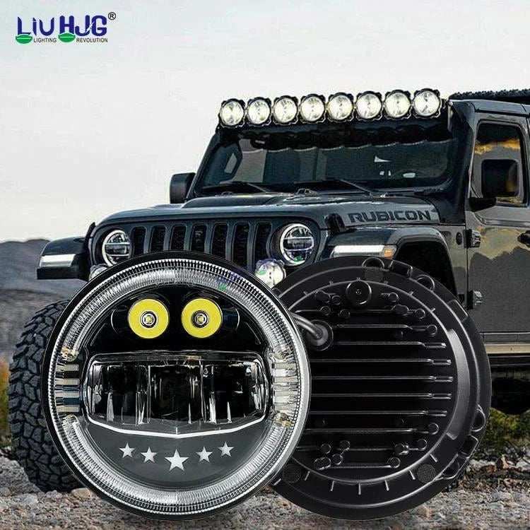 HJG 7 Inch Led Headlight Assembly Halo Lights Dual Color Yellow White 7 Inch Round Motorcycle Lights For Jeeps Universal Car Compatible with Royal Enfield, Jeep & Harley Davidson Fog Headlight Light Kit Devil's Eye Rgb Color Halo H4 Projector 2