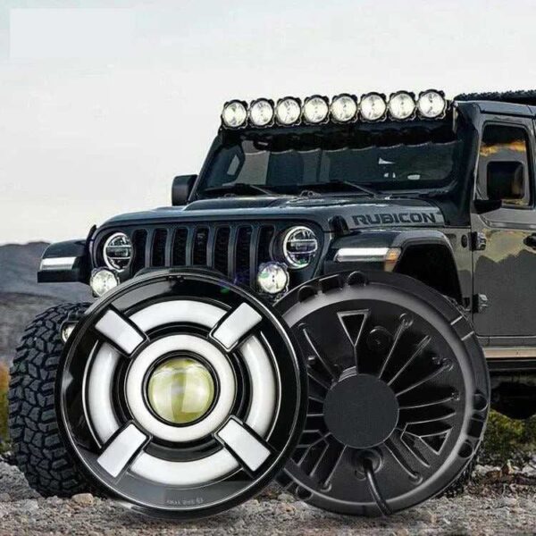 HJG 7 Inch Led Headlight Halo Lights Dual Color Yellow White 90w 7 Inch Round Motorcycle Lights For Jeeps Universal Car Compatible with Royal Enfield, Jeep & Harley Davidson 2 HJG