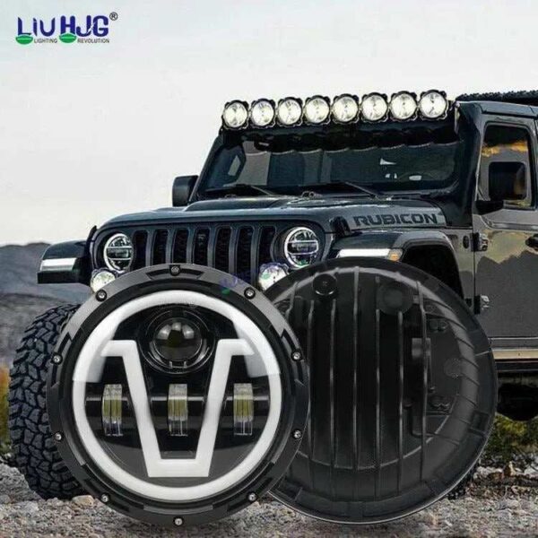 HJG 7 Inch Led Headlight Assembly Halo Lights Dual Color Yellow White 7 Inch Round Motorcycle Lights For Jeeps Universal Car Compatible with Royal Enfield, Jeep & Harley Davidson U 2