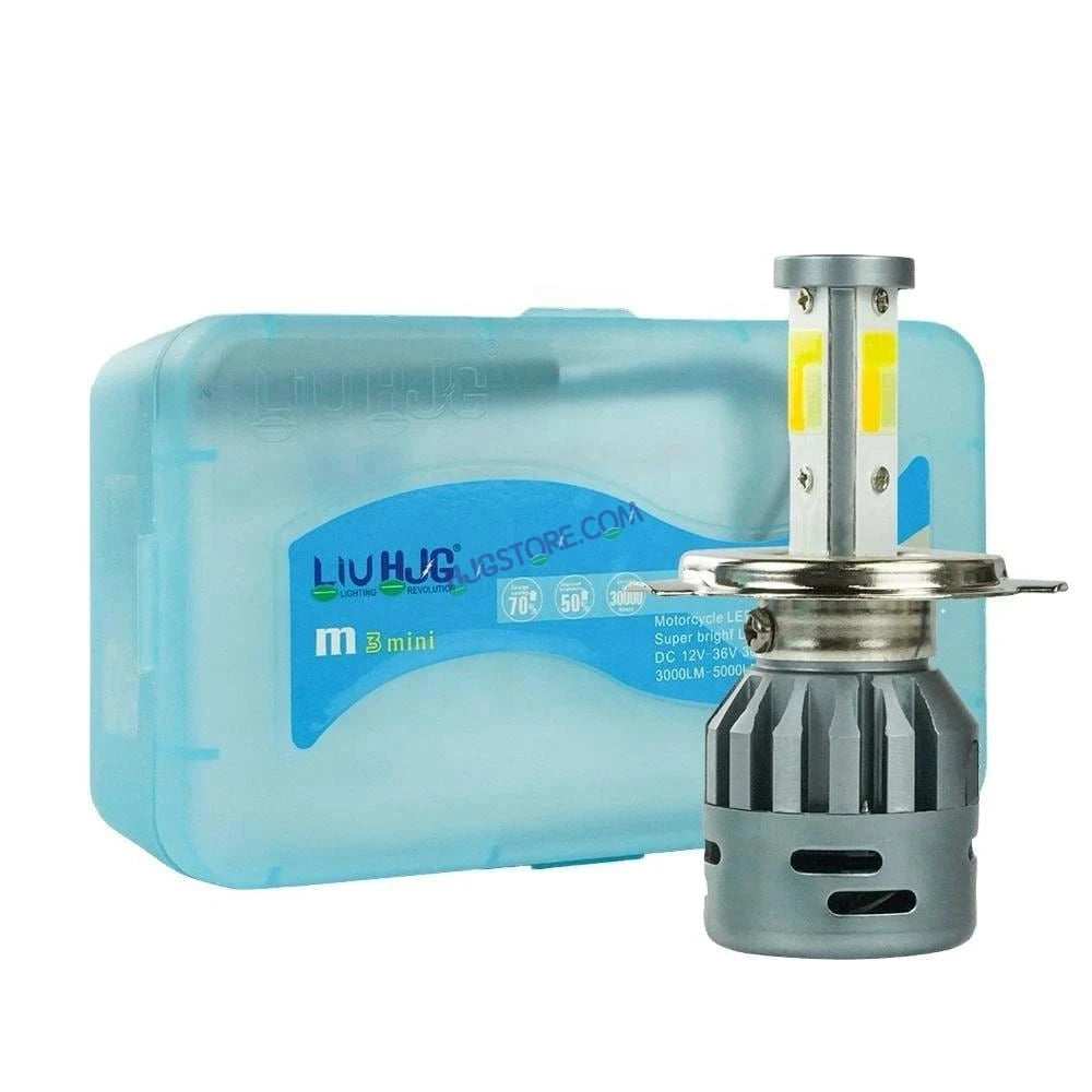 HJG M3 Mini ORIGINAL LED Headlight Bulb H4 50W For All Motorcycles (Low and High Beam Bulbs (White) AC/DC 50Watt 3 Side Chip) - Type H4 Hi/Lo