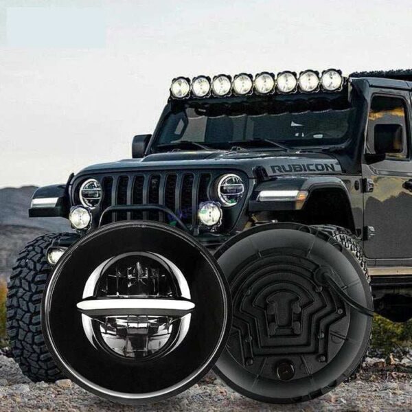 HJG 7 Inch Minus Thar Royal Enfield LED Headlight Assembly Halo Lights Dual Color Yellow White 7 Inch Round Motorcycle Lights For Jeeps Universal Car Compatible with Royal Enfield, Jeep, Thar Minus Thar