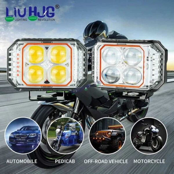 Second image of HJG New 4x4 Projector Lens 2pc Foglight with Red Blue Flash 4 LED Projector Fog Quad 4x4 Lens 80W with Red DRL Foglight Ultra Wide Dual Intensity LED Fog Lights White/Yellow/Red Blue Flash (80W) Universal For All Cars & Bikes LIU HJG Projector 4x4 Fog