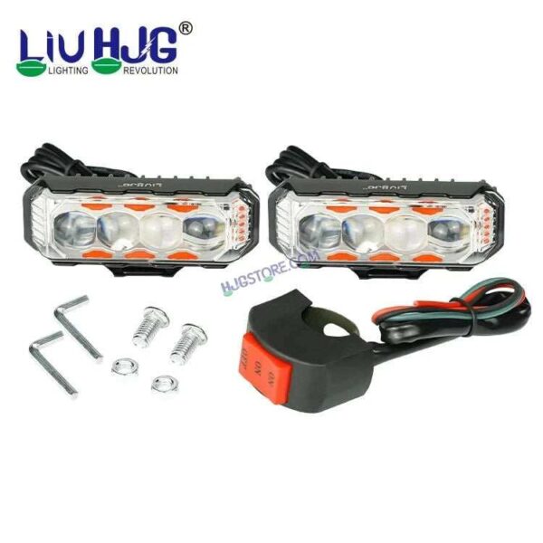 HJG 4 LED Light Bar 2pc with Red Blue Flash Strobe Fog Light for Bikes and Cars High Power, Heavy clamp and Strong aluminum. (4 LED Fog Light Bar Single) White/Yellow, Red Blue Strobe Flash, Pack of 2