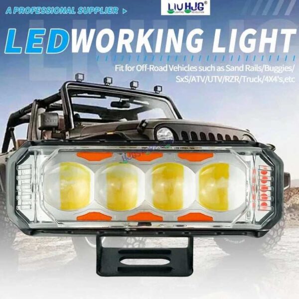 Second image of HJG 4 LED Light Bar with Red Blue Flash Strobe Fog Light for Bikes and Cars High Power, Heavy clamp and Strong aluminum. (4 LED Fog Light Bar Single) White/Yellow, Red Blue Strobe Flash, Pack of 1