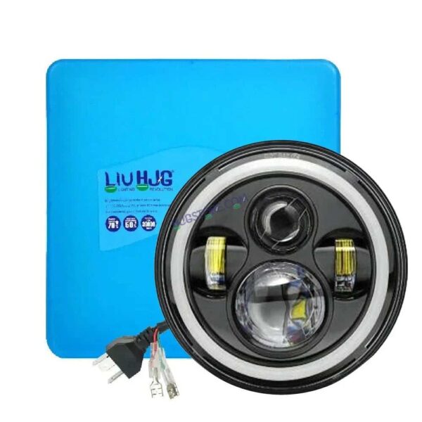 HJG Genuine Full Ring 7 Inch LED Headlight with Spotless and Bright DRL Fits in Royal Enfield (All Model) And Mahindra Thar (12V-80V DC 75W)