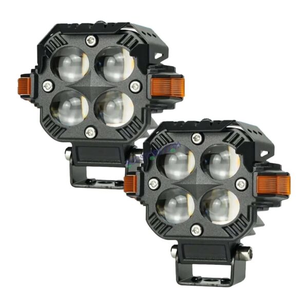 HJG Hazard Series Foglight Quad 4x4 Lens 120W New Model with Red Orange Hazard DRL Foglight Ultra Wide Dual Intensity LED Fog Lights White/Yellow (2*60W= 120W Total) Universal For All Cars & Bikes LIU HJG Hazard S65 4x4 Lens Projector Fog Red Amber DRL