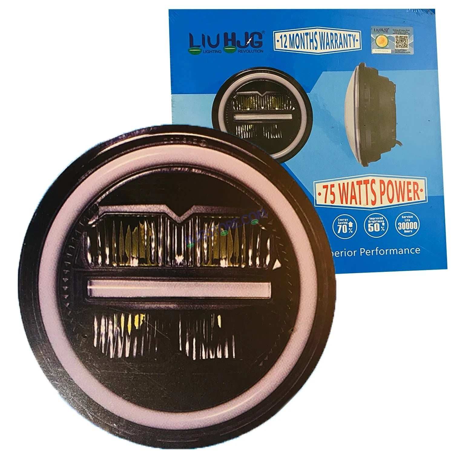 HJG 7 Inch 75W Minus New Model 75W Low Beam 110W Hi Beam LED Headlight Assembly White 7 Inch Round Motorcycle Lights For Jeeps Universal Car Compatible with Royal Enfield, Jeep & Harley Davidson LIU HJG New Box Minus 7 Inch