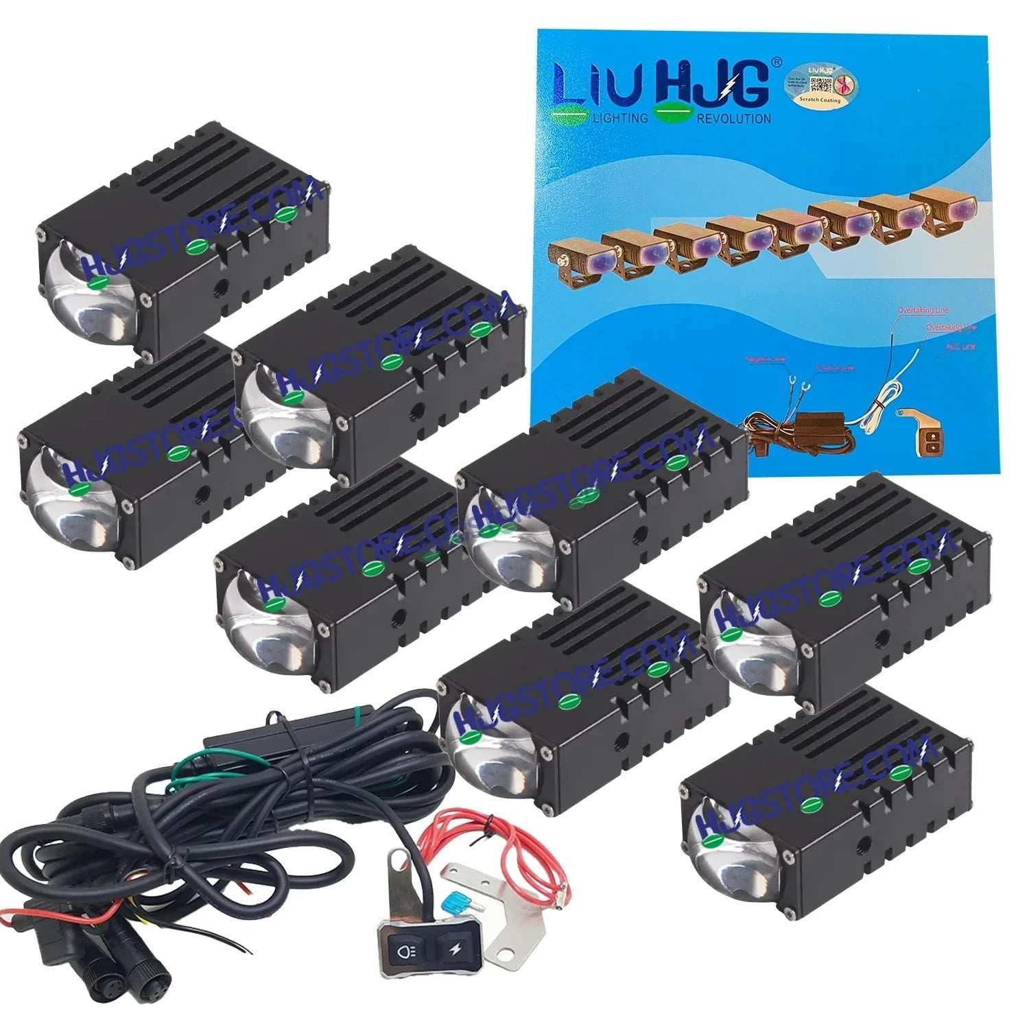 HJG LIU HJG Original Waymaker 8 LED New Model Slim Drive Grille Fitting Dual Colour Fog Light Mini Drive Light Version 4 And Wiring With Canbus For All Cars and Motorcycles (8Pcs) HJG Waymaker Foglight HJG New Model 8 LED with Canbus Wiring Harness Kit