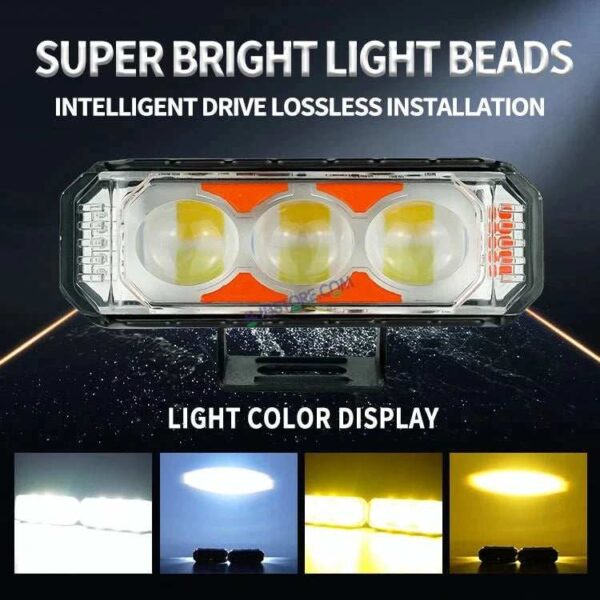 Second image of HJG 3 LED Light Bar with Red Blue Flash Strobe Fog Light for Bikes and Cars High Power, Heavy clamp and Strong aluminum. (3 LED Fog Light Bar Single) White/Yellow, Red Blue Strobe Flash, Pack of 1