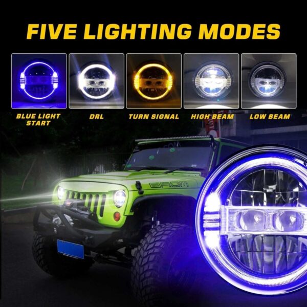 Second image of HJG New Harley Minus Projector 7 Inch Headlight Assembly with Animated Blue/White DRL White LED Headlight Minus Crystal Headlight Assembly for Thar Royal Enfield | 75-120W CREE/Osram LED Chip Multi color High/Low Beam, DRL For Royal Enfield, Jeep, Thar