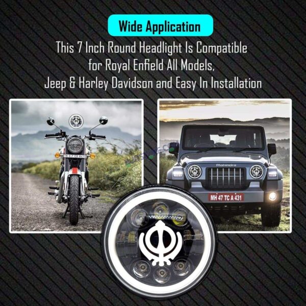Second image of HJG 7 Inch Round Headlight Compatible with Royal Enfield, Jeep & Harley Davidson (Khanda DRL) (12V-80V 75W)