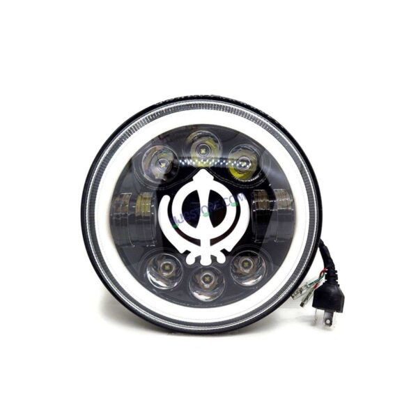 HJG 7 Inch Round Headlight Compatible with Royal Enfield, Jeep & Harley Davidson (Khanda DRL) (12V-80V 75W)